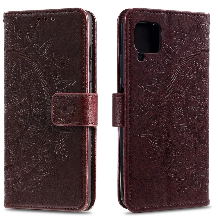 Capa de Carteira de Couro com Estampa de Mandala Floral com Alça para Samsung Galaxy A12/M12 - Marrom 