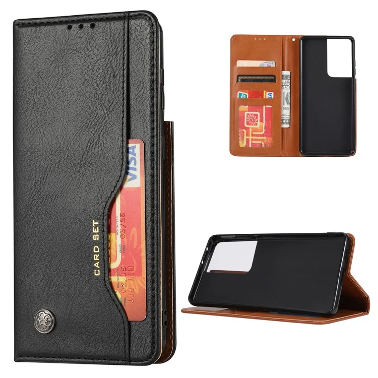 Varera de Teléfono de Cuero de Billetera Autoabsorbida Para Samsung Galaxy S21 Ultra 5G - Negro
