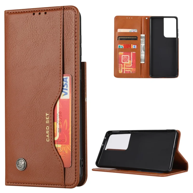 Auto-absorbed Wallet Leather Phone Shell for Samsung Galaxy S21 Ultra 5G - Brown