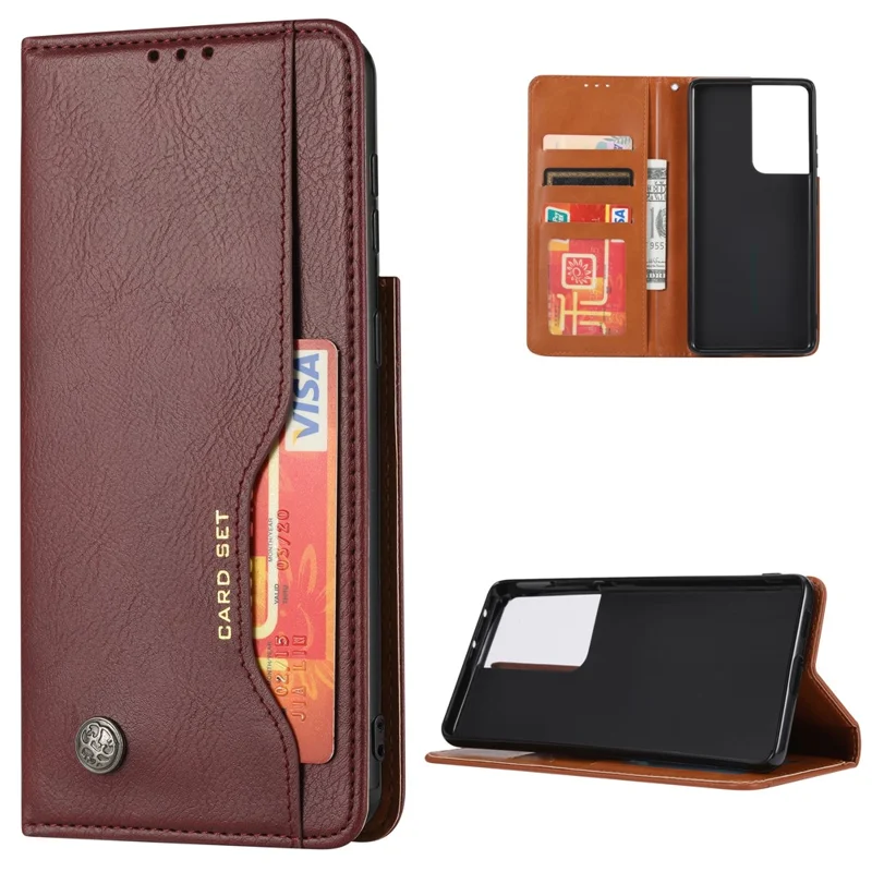 Auto-absorbed Wallet Leather Phone Shell for Samsung Galaxy S21 Ultra 5G - Wine Red