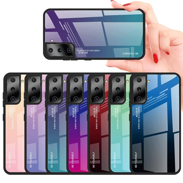 Soft TPU Edge + Anti-Scratch Tempered Glass Case with Color Gradient Pattern for Samsung Galaxy S21 4G/5G - Purple/Blue