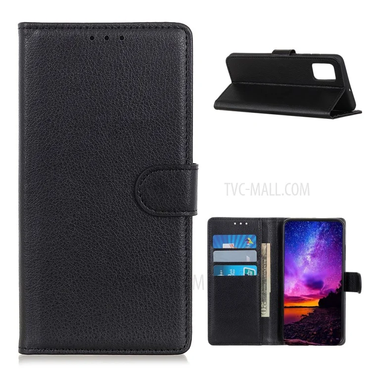Étui de portefeuille en cuir de texture de litchi de style classique pour Samsung Galaxy A72 4G/5G - Noir