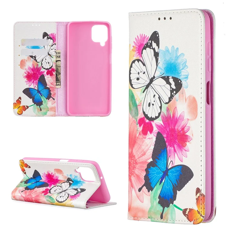 Auto-absorbed Stylish Patterned PU Leather Wallet Case for Samsung Galaxy A12 - Two Butterflies