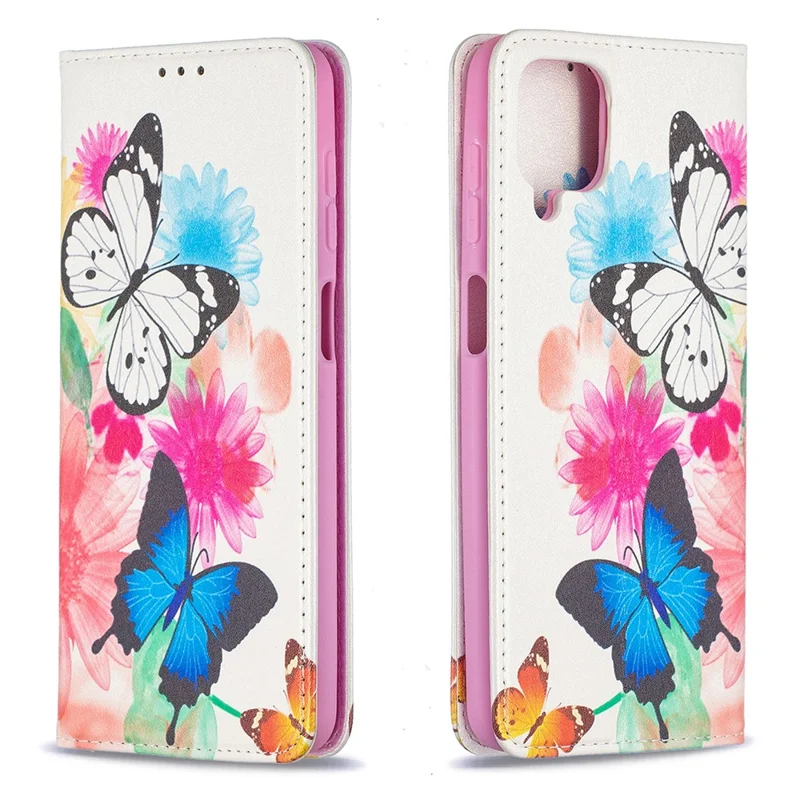 Auto-absorbed Stylish Patterned PU Leather Wallet Case for Samsung Galaxy A12 - Two Butterflies