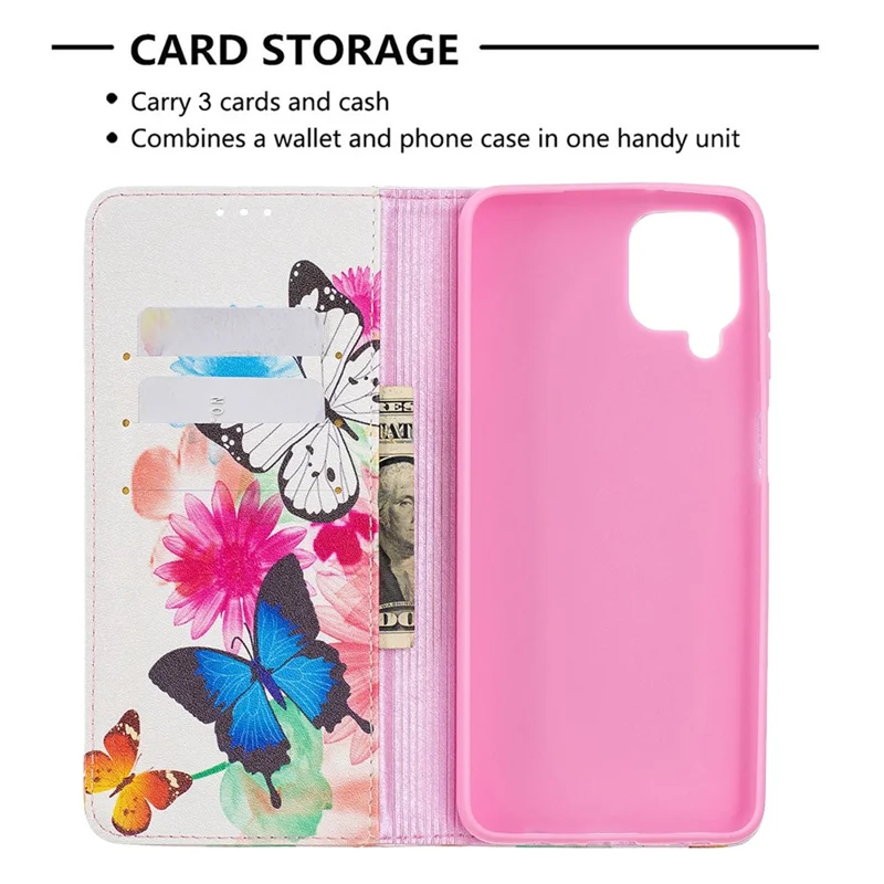 Auto-absorbed Stylish Patterned PU Leather Wallet Case for Samsung Galaxy A12 - Two Butterflies
