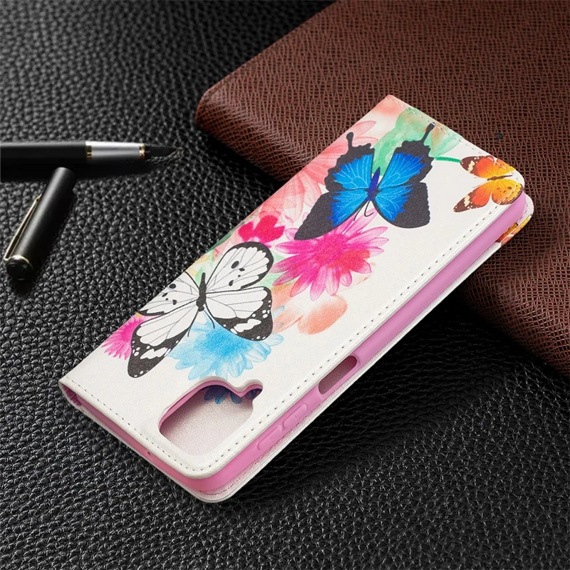 Auto-absorbed Stylish Patterned PU Leather Wallet Case for Samsung Galaxy A12 - Two Butterflies