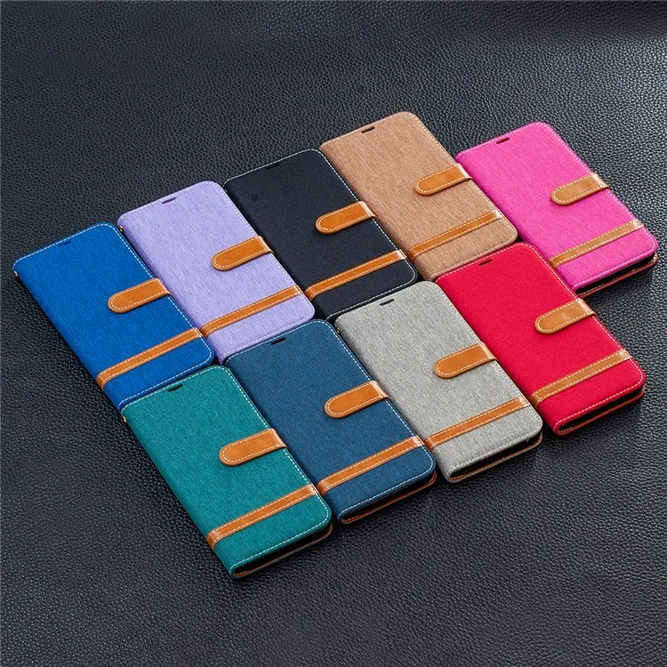 Case for Samsung Galaxy A12 Color Splicing Jeans Cloth Skin Wallet Leather Phone Cover - Brown
