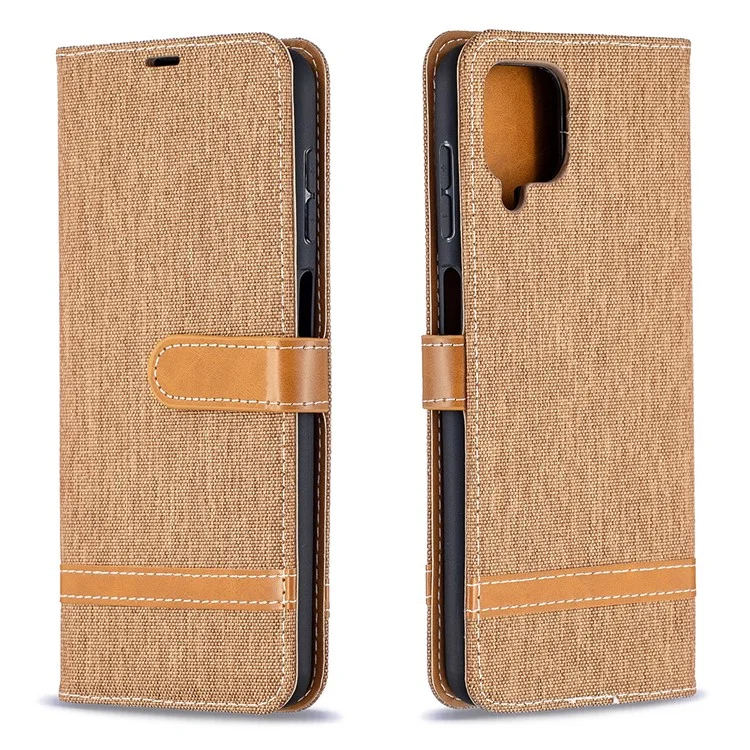 Case for Samsung Galaxy A12 Color Splicing Jeans Cloth Skin Wallet Leather Phone Cover - Brown