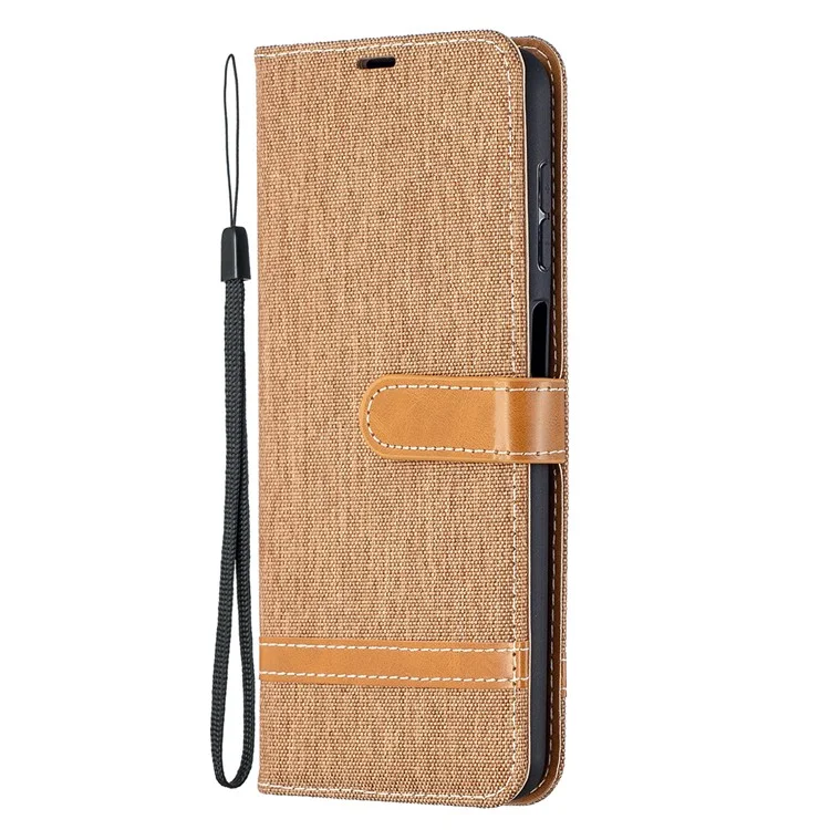 Case for Samsung Galaxy A12 Color Splicing Jeans Cloth Skin Wallet Leather Phone Cover - Brown