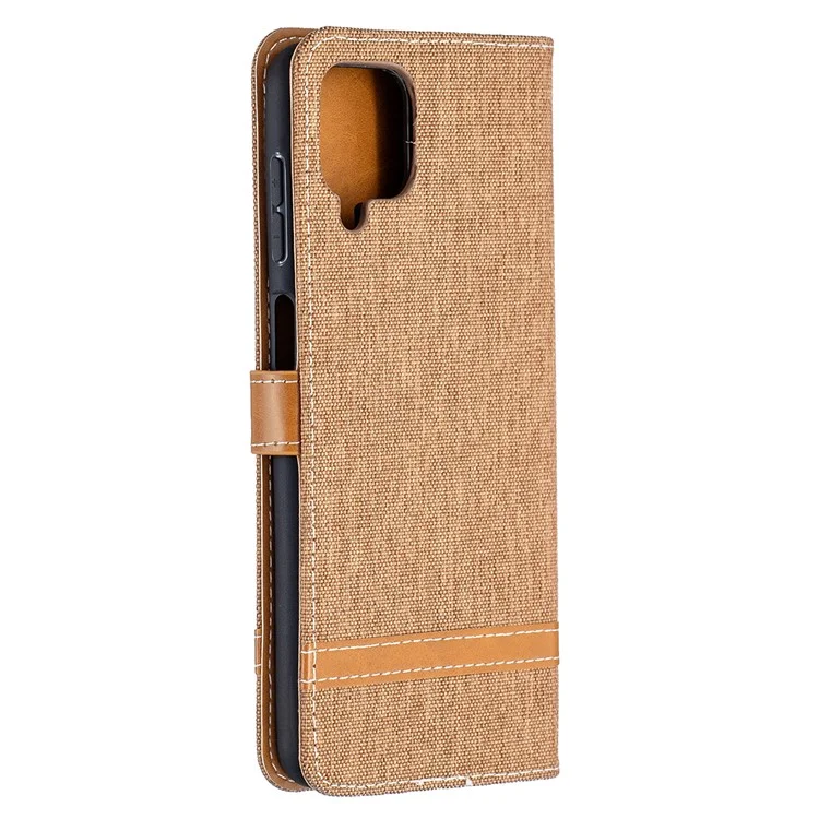 Case for Samsung Galaxy A12 Color Splicing Jeans Cloth Skin Wallet Leather Phone Cover - Brown