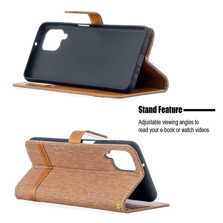 Case for Samsung Galaxy A12 Color Splicing Jeans Cloth Skin Wallet Leather Phone Cover - Brown