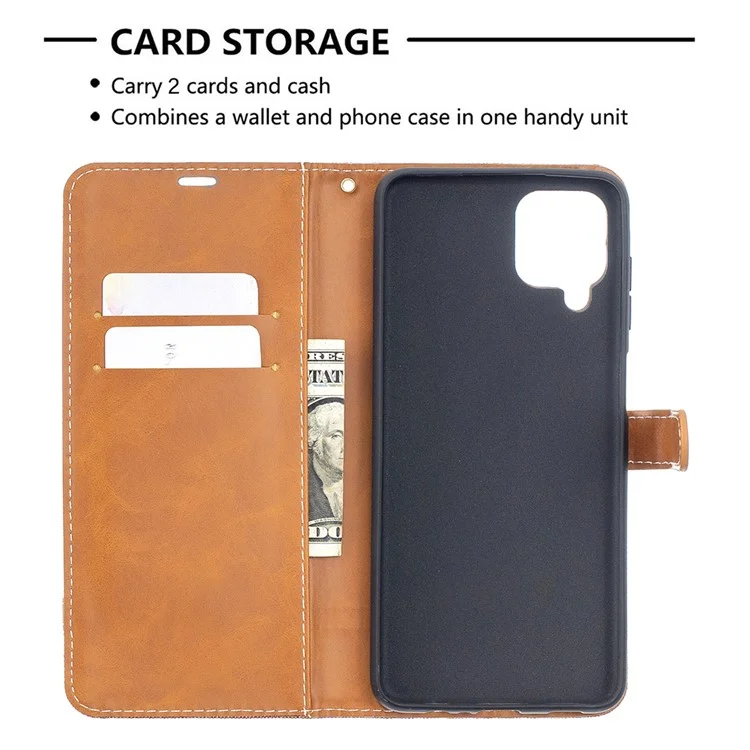 Case for Samsung Galaxy A12 Color Splicing Jeans Cloth Skin Wallet Leather Phone Cover - Brown