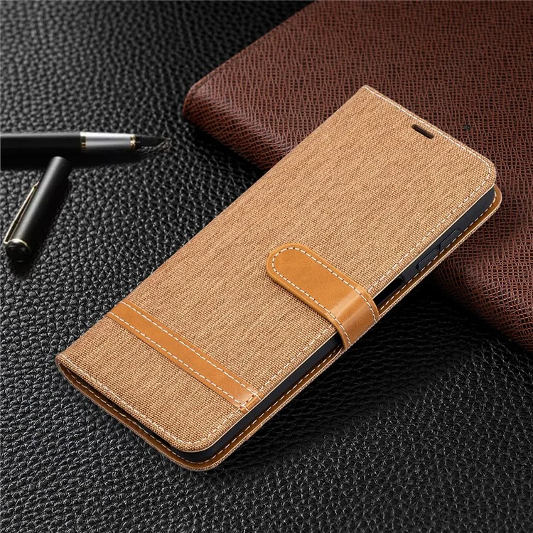 Case for Samsung Galaxy A12 Color Splicing Jeans Cloth Skin Wallet Leather Phone Cover - Brown