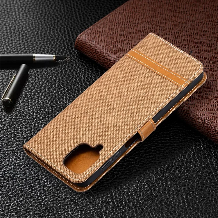 Case for Samsung Galaxy A12 Color Splicing Jeans Cloth Skin Wallet Leather Phone Cover - Brown