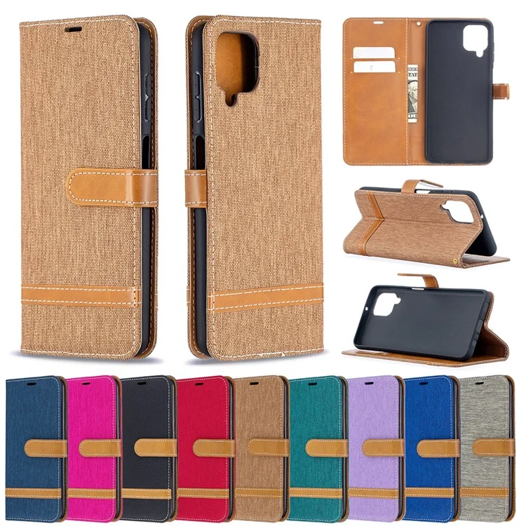 Case for Samsung Galaxy A12 Color Splicing Jeans Cloth Skin Wallet Leather Phone Cover - Brown