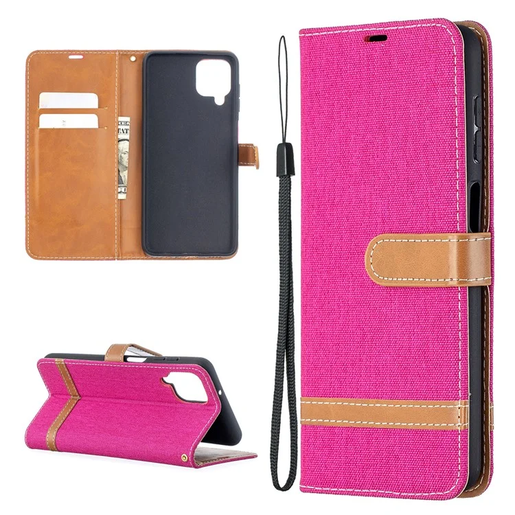 Étui Pour Samsung Galaxy A12 Couleur D'épissage en Jean en Tissu Couverture de Téléphone en Cuir en Cuir - Rose