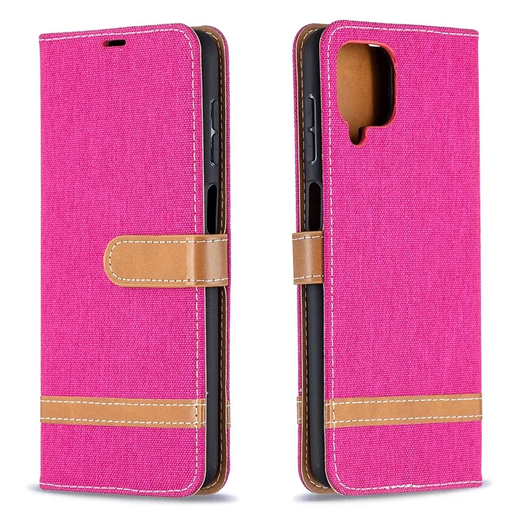 Étui Pour Samsung Galaxy A12 Couleur D'épissage en Jean en Tissu Couverture de Téléphone en Cuir en Cuir - Rose