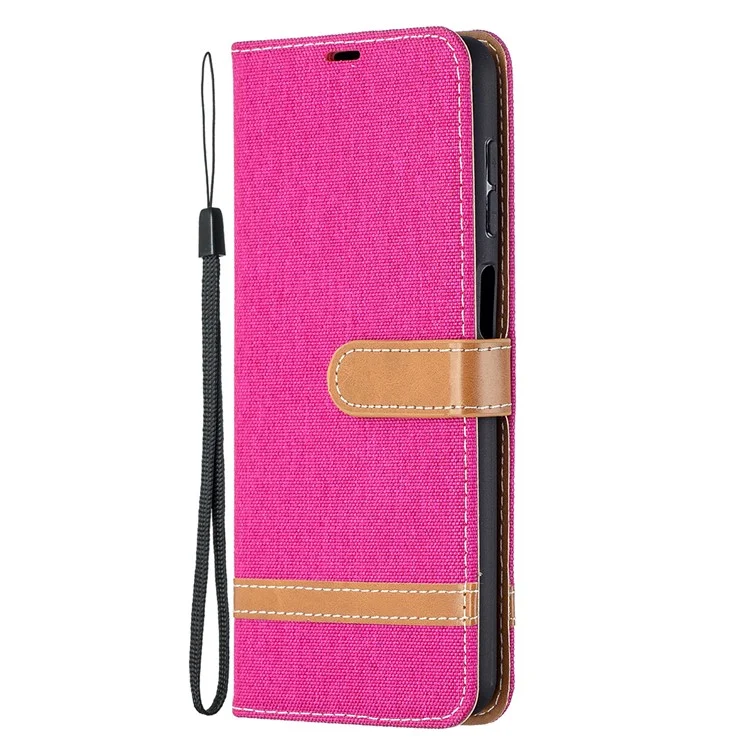Étui Pour Samsung Galaxy A12 Couleur D'épissage en Jean en Tissu Couverture de Téléphone en Cuir en Cuir - Rose