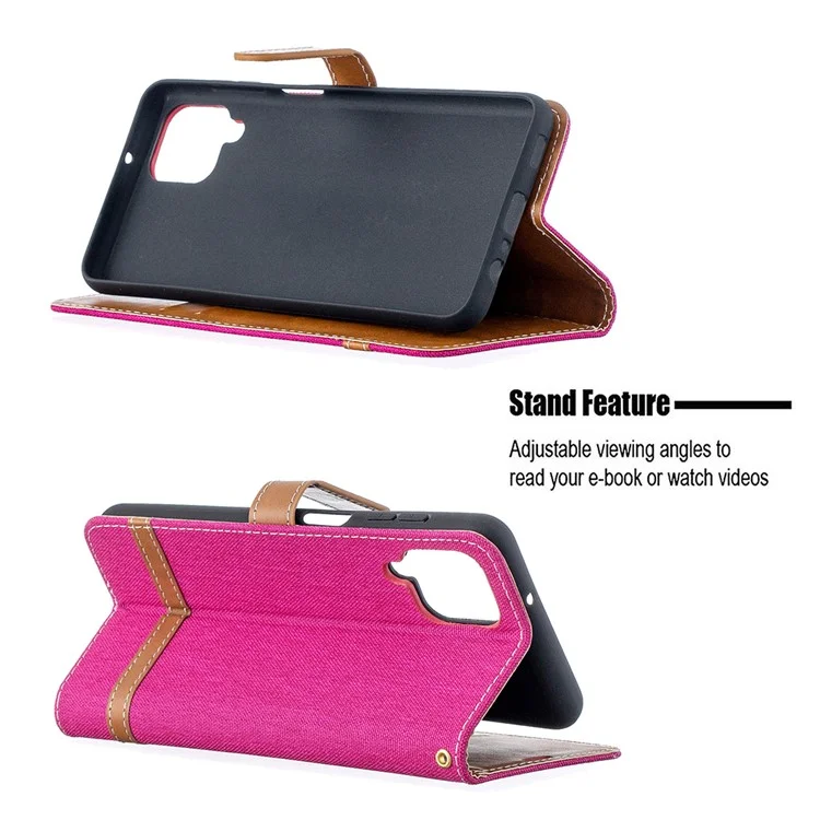 Étui Pour Samsung Galaxy A12 Couleur D'épissage en Jean en Tissu Couverture de Téléphone en Cuir en Cuir - Rose