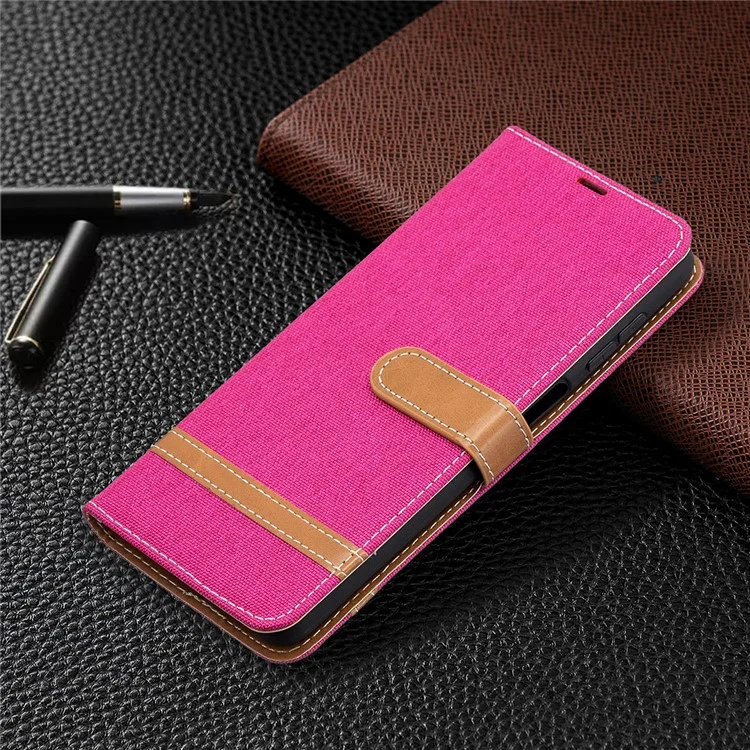 Étui Pour Samsung Galaxy A12 Couleur D'épissage en Jean en Tissu Couverture de Téléphone en Cuir en Cuir - Rose