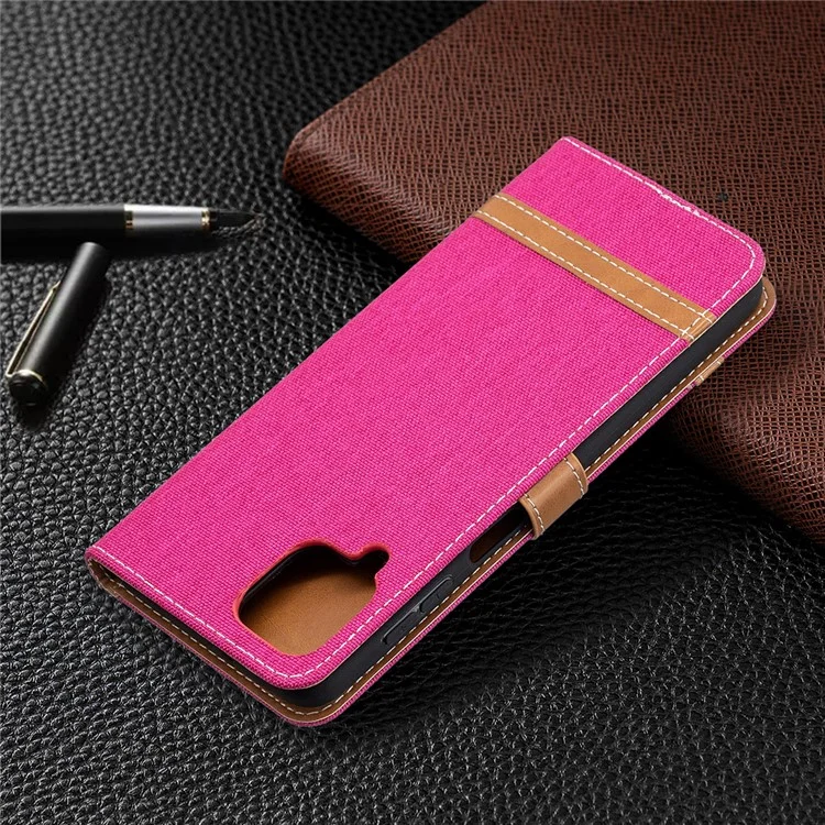 Étui Pour Samsung Galaxy A12 Couleur D'épissage en Jean en Tissu Couverture de Téléphone en Cuir en Cuir - Rose