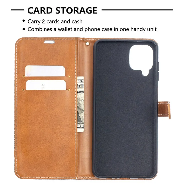 Case for Samsung Galaxy A12 Color Splicing Jeans Cloth Skin Wallet Leather Phone Cover - Grey