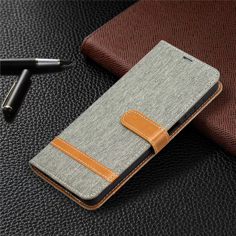 Case for Samsung Galaxy A12 Color Splicing Jeans Cloth Skin Wallet Leather Phone Cover - Grey