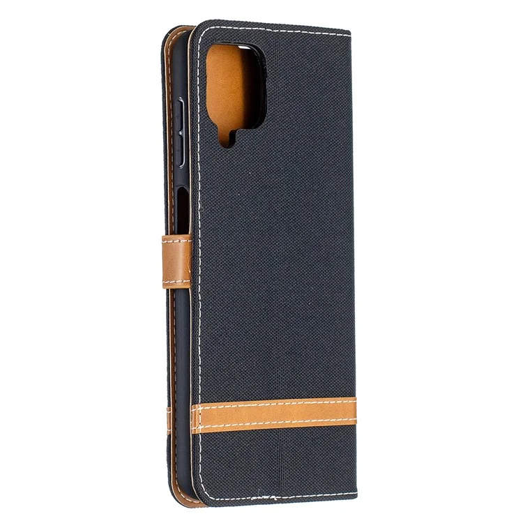 Koffer Für Samsung Galaxy A12 Farbspleißjeans Stoff Hautbrieftasche Leder Telefonabdeckung - Schwarz