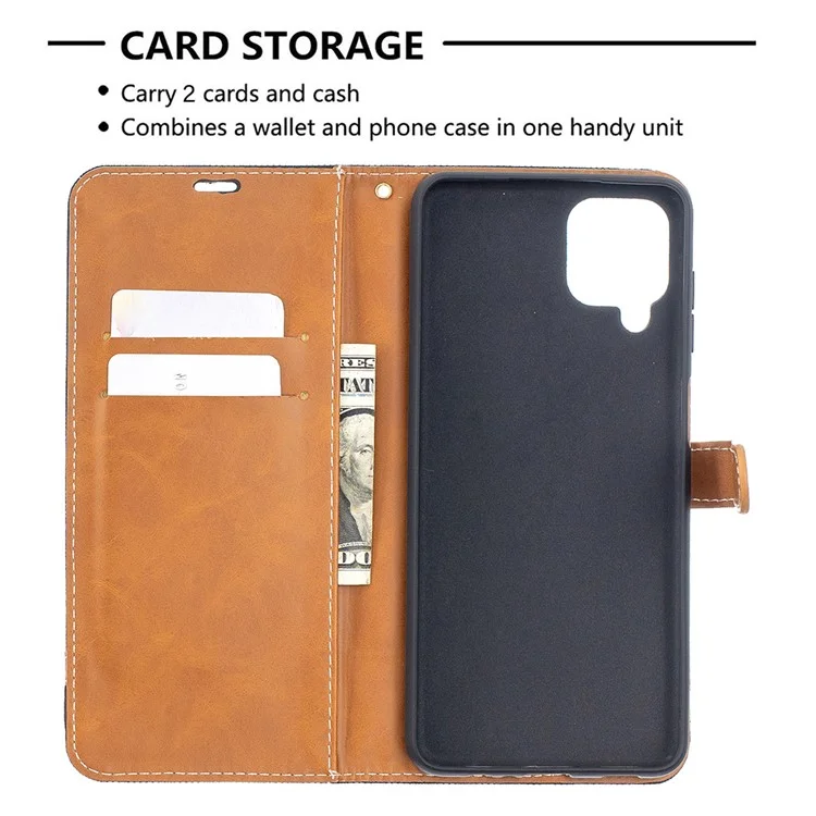 Koffer Für Samsung Galaxy A12 Farbspleißjeans Stoff Hautbrieftasche Leder Telefonabdeckung - Schwarz