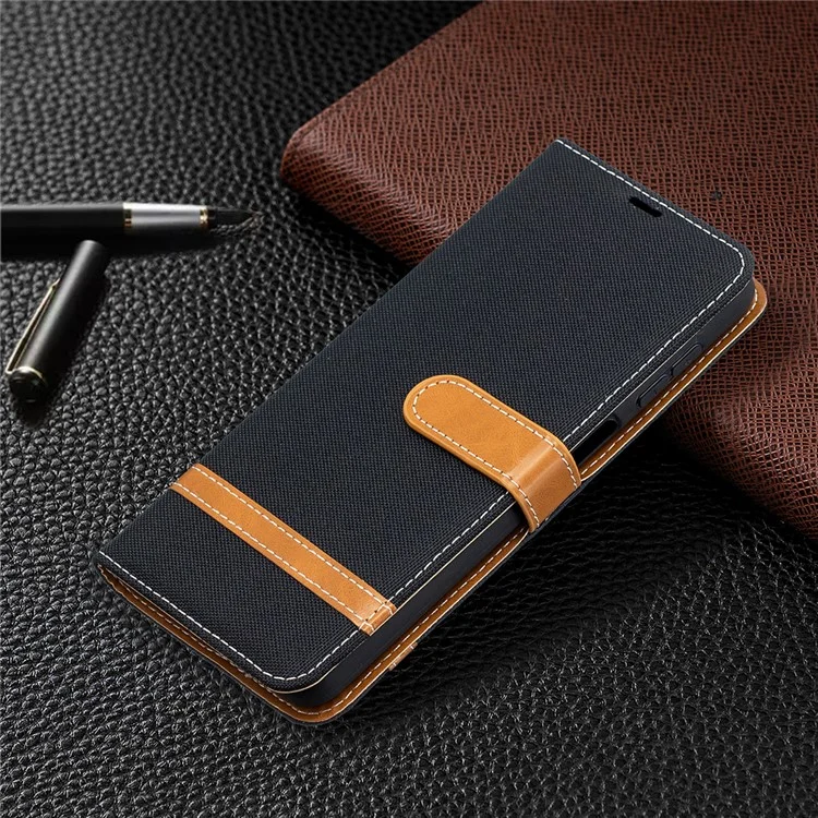 Koffer Für Samsung Galaxy A12 Farbspleißjeans Stoff Hautbrieftasche Leder Telefonabdeckung - Schwarz