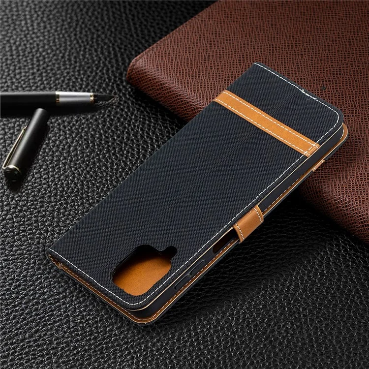 Koffer Für Samsung Galaxy A12 Farbspleißjeans Stoff Hautbrieftasche Leder Telefonabdeckung - Schwarz