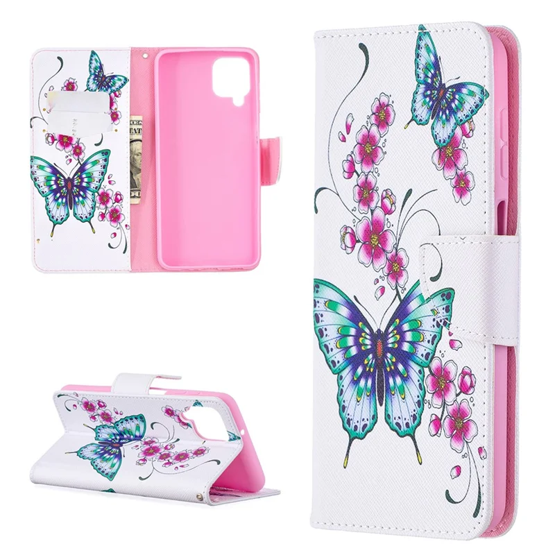 Pattern Printing Wallet Stand Flip Leather Phone Shell for Samsung Galaxy A12 - Flowers and Butterflies
