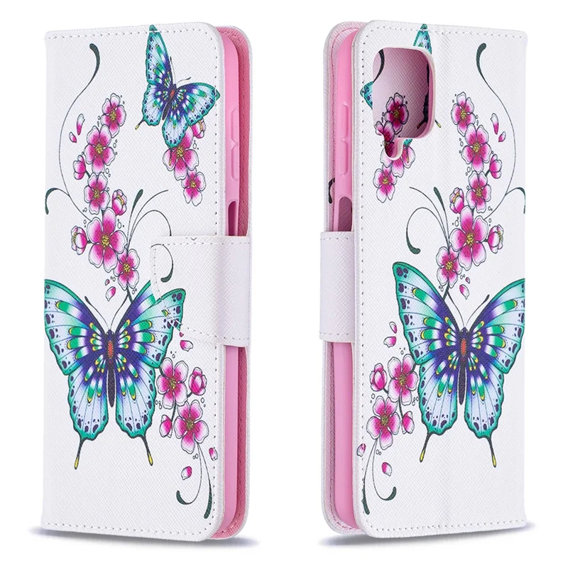 Pattern Printing Wallet Stand Flip Leather Phone Shell for Samsung Galaxy A12 - Flowers and Butterflies