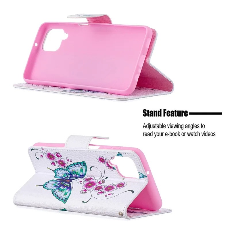 Pattern Printing Wallet Stand Flip Leather Phone Shell for Samsung Galaxy A12 - Flowers and Butterflies