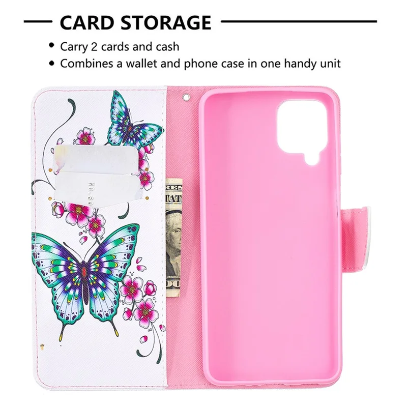 Pattern Printing Wallet Stand Flip Leather Phone Shell for Samsung Galaxy A12 - Flowers and Butterflies