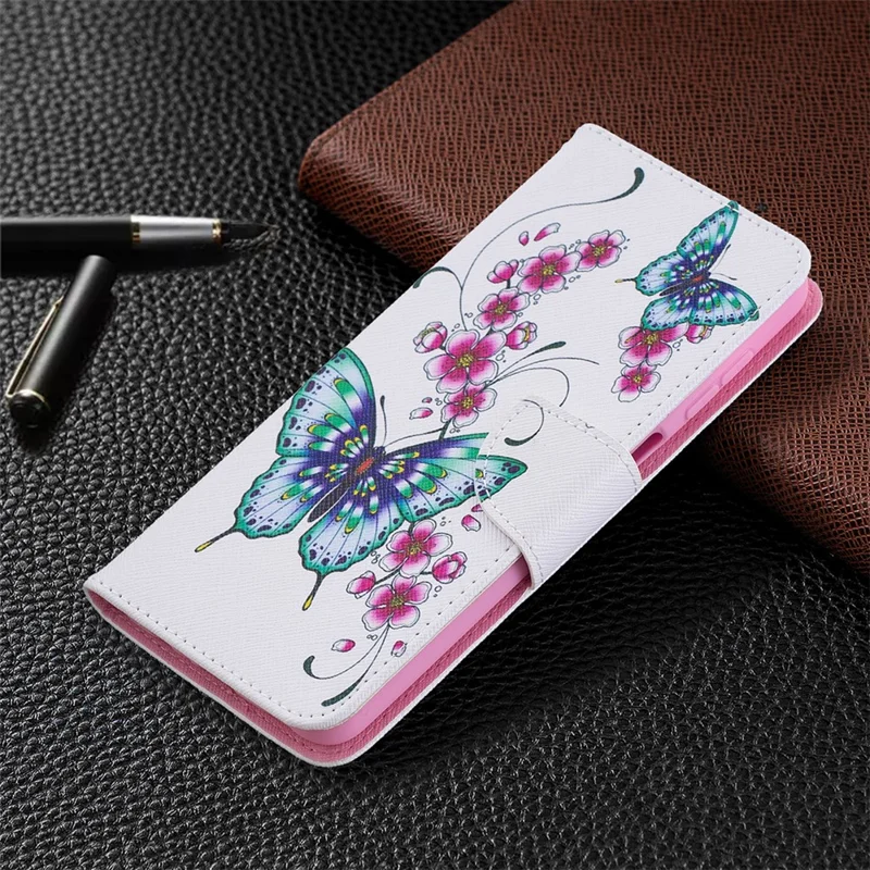 Pattern Printing Wallet Stand Flip Leather Phone Shell for Samsung Galaxy A12 - Flowers and Butterflies