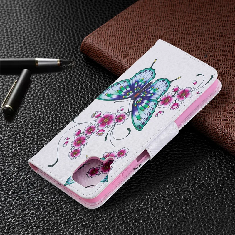 Pattern Printing Wallet Stand Flip Leather Phone Shell for Samsung Galaxy A12 - Flowers and Butterflies