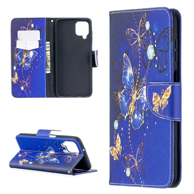 Pattern Printing Wallet Stand Flip Leather Phone Shell for Samsung Galaxy A12 - Crystal Butterflies