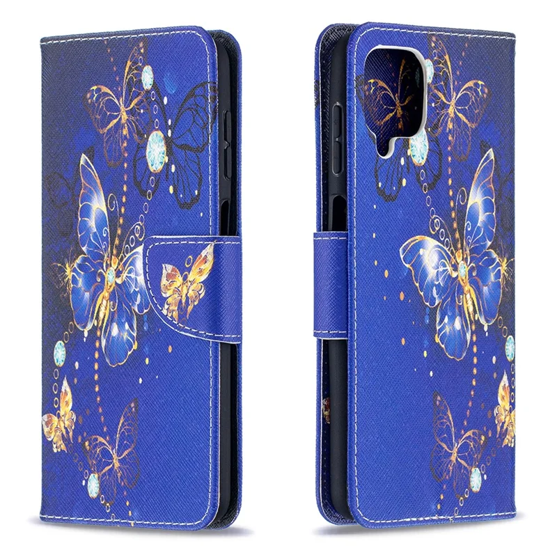 Pattern Printing Wallet Stand Flip Leather Phone Shell for Samsung Galaxy A12 - Crystal Butterflies