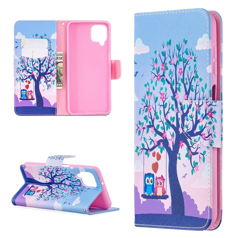 Pattern Printing Wallet Stand Flip Leather Phone Shell for Samsung Galaxy A12 - Couple Owls and Tree