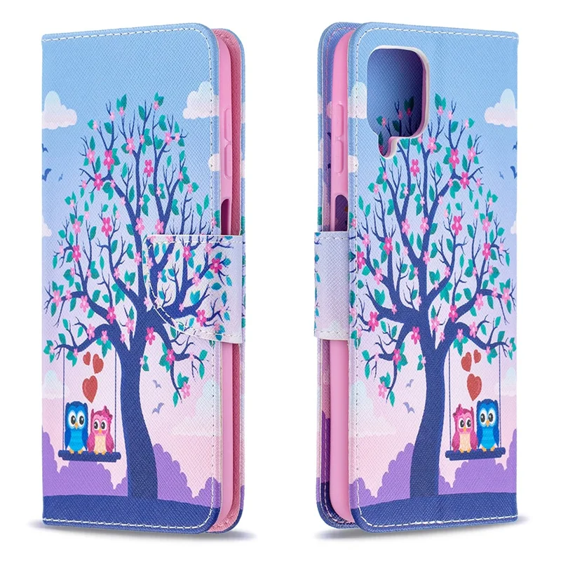 Pattern Printing Wallet Stand Flip Leather Phone Shell for Samsung Galaxy A12 - Couple Owls and Tree