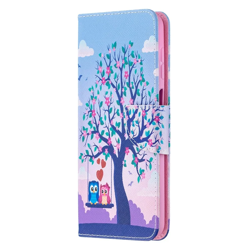 Pattern Printing Wallet Stand Flip Leather Phone Shell for Samsung Galaxy A12 - Couple Owls and Tree