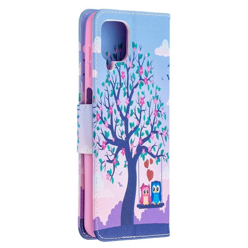 Pattern Printing Wallet Stand Flip Leather Phone Shell for Samsung Galaxy A12 - Couple Owls and Tree