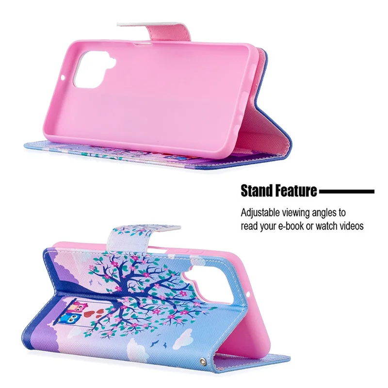 Pattern Printing Wallet Stand Flip Leather Phone Shell for Samsung Galaxy A12 - Couple Owls and Tree