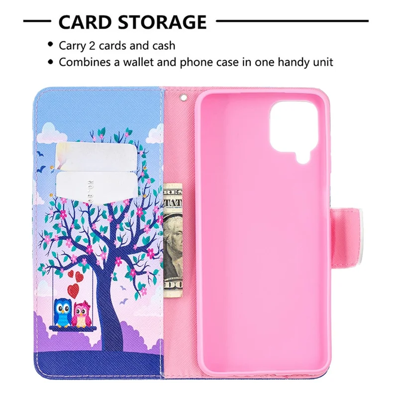 Pattern Printing Wallet Stand Flip Leather Phone Shell for Samsung Galaxy A12 - Couple Owls and Tree