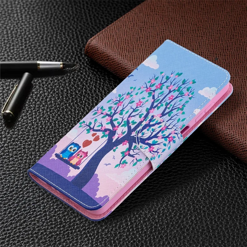 Pattern Printing Wallet Stand Flip Leather Phone Shell for Samsung Galaxy A12 - Couple Owls and Tree