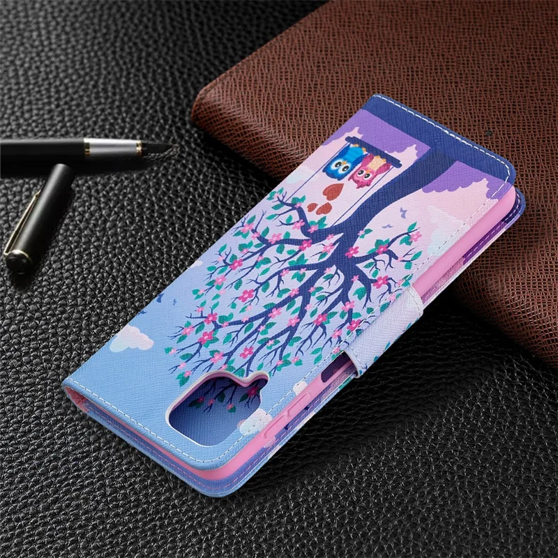 Pattern Printing Wallet Stand Flip Leather Phone Shell for Samsung Galaxy A12 - Couple Owls and Tree