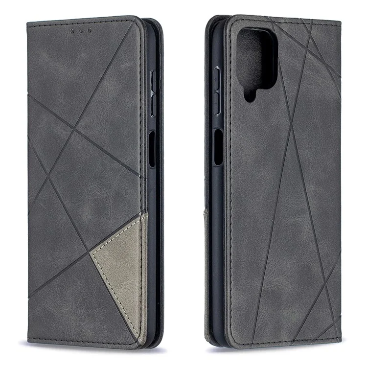 For Samsung Galaxy A12 Geometric Pattern Leather Stand Case Card Holder Shell - Black