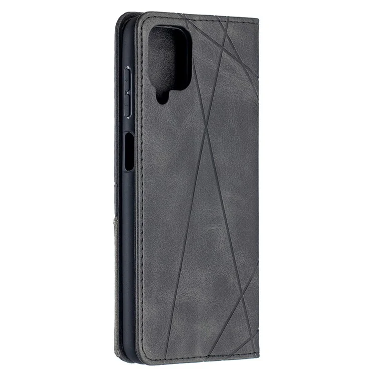 For Samsung Galaxy A12 Geometric Pattern Leather Stand Case Card Holder Shell - Black