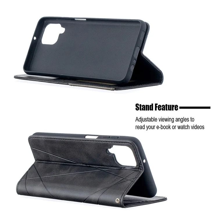 Para Samsung Galaxy A12 Geometric Pattern Leather Stand Case Card Holder Shell - Preto